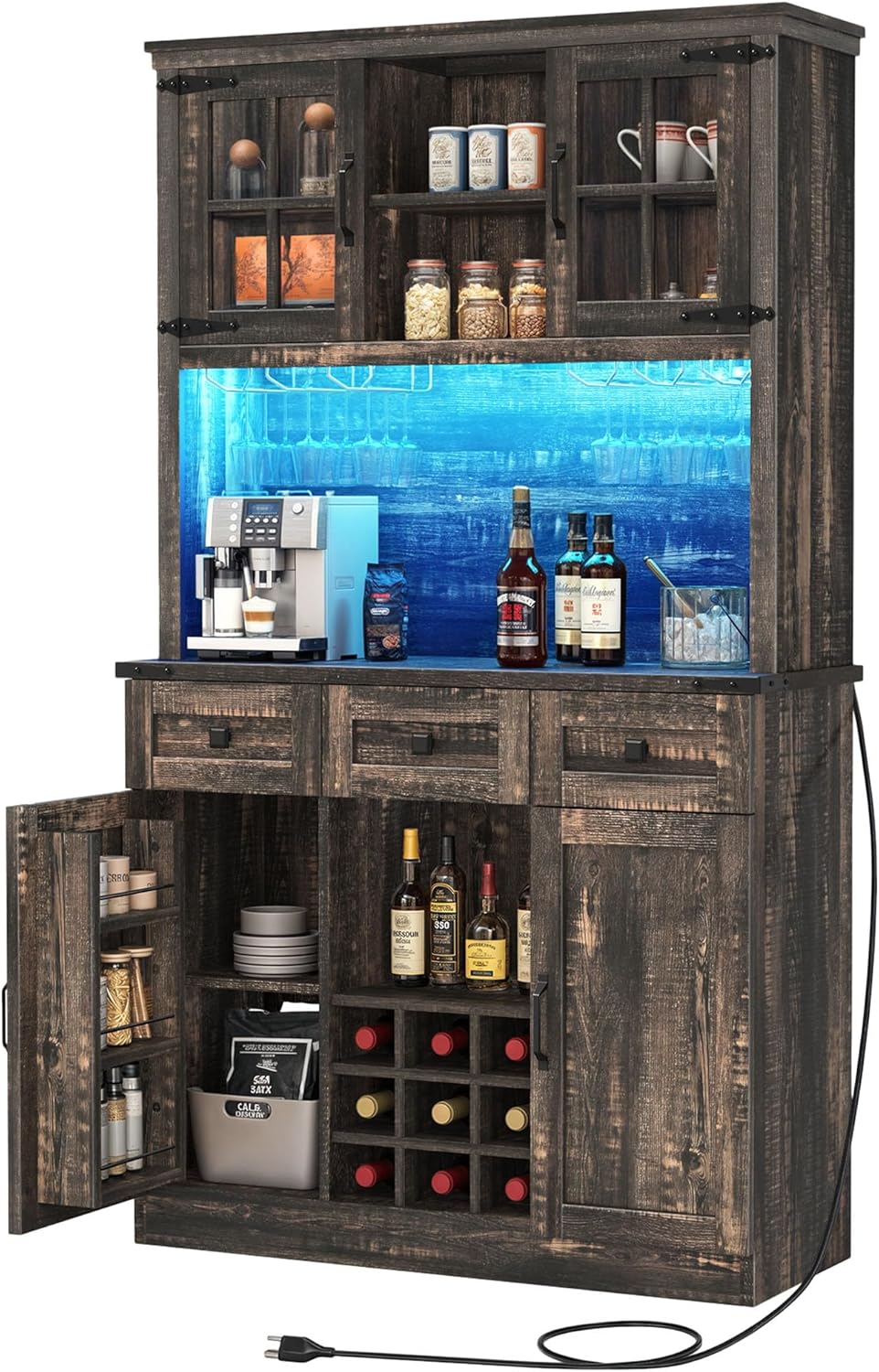 DWVO 72'' Kitchen Pantry Storage Cabinet with Lights, Microwave Stand Tall Traditional Home Bar Cabinet with Power Outlet