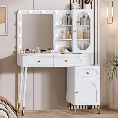 Vanity Desk with Mirror and Lights, with Power Outlet and 10 Lights Modern Capacity Makeup Vanity with 3 Drawers, Makeup Table for Bedroom
