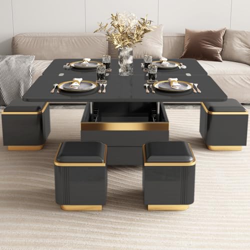 3-in-1 Multi-Functional Coffee Table with Glass Tabletop, Lift Top Center Table with 4 Storage Stools, Expandable Dining Table for Living Room