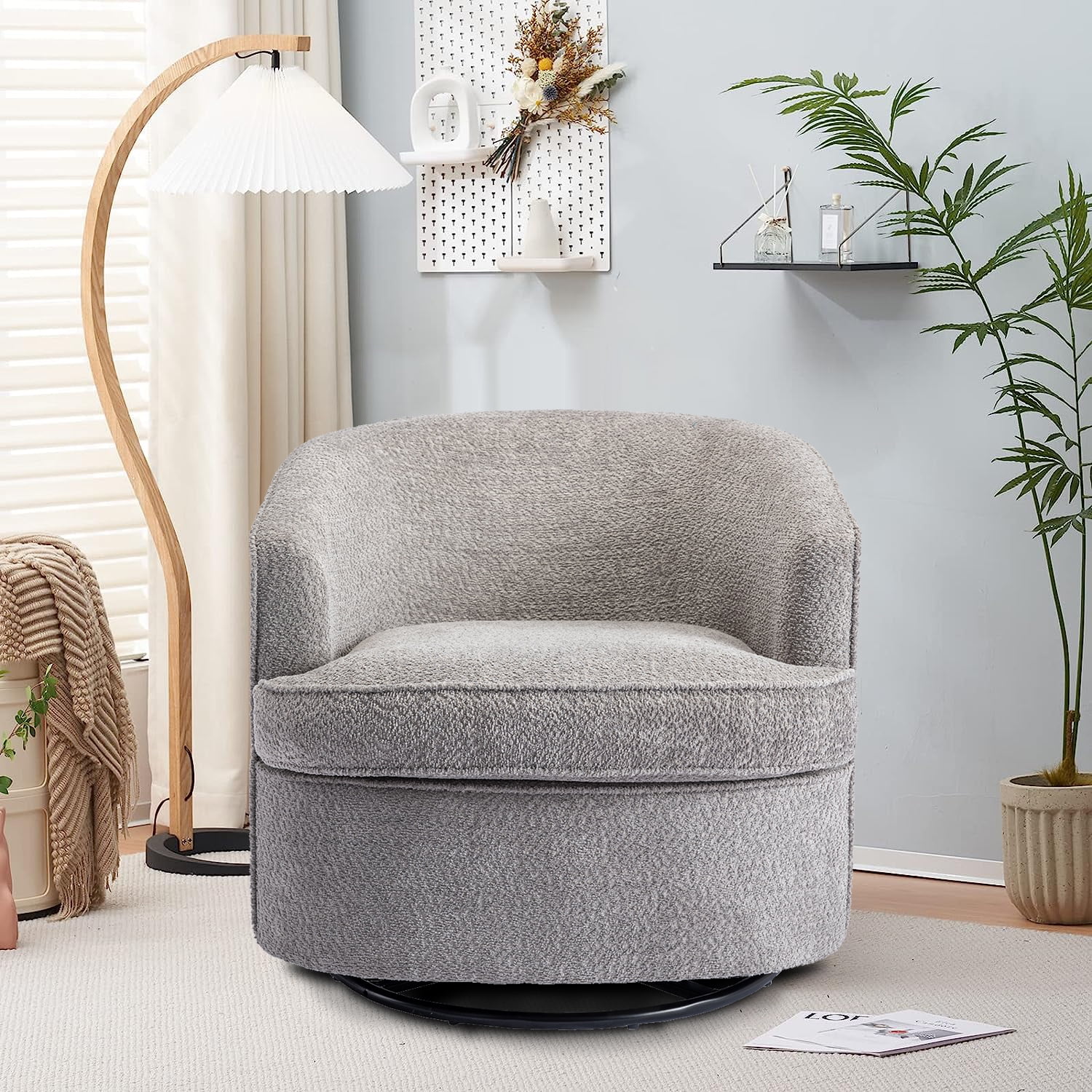 Modern and Cozy Chenille Fabric Swivel Barrel Chair with Metal Base for Living Room, Bedroom, Gray