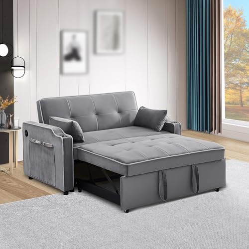 Pull Out Couch Bed, 3-in-1 Convertible Sleeper Sofa Bed, Velvet Upholstered Pull-Out Bed with 2 Pillows, Storage Pockets, Cupholders and USB Ports