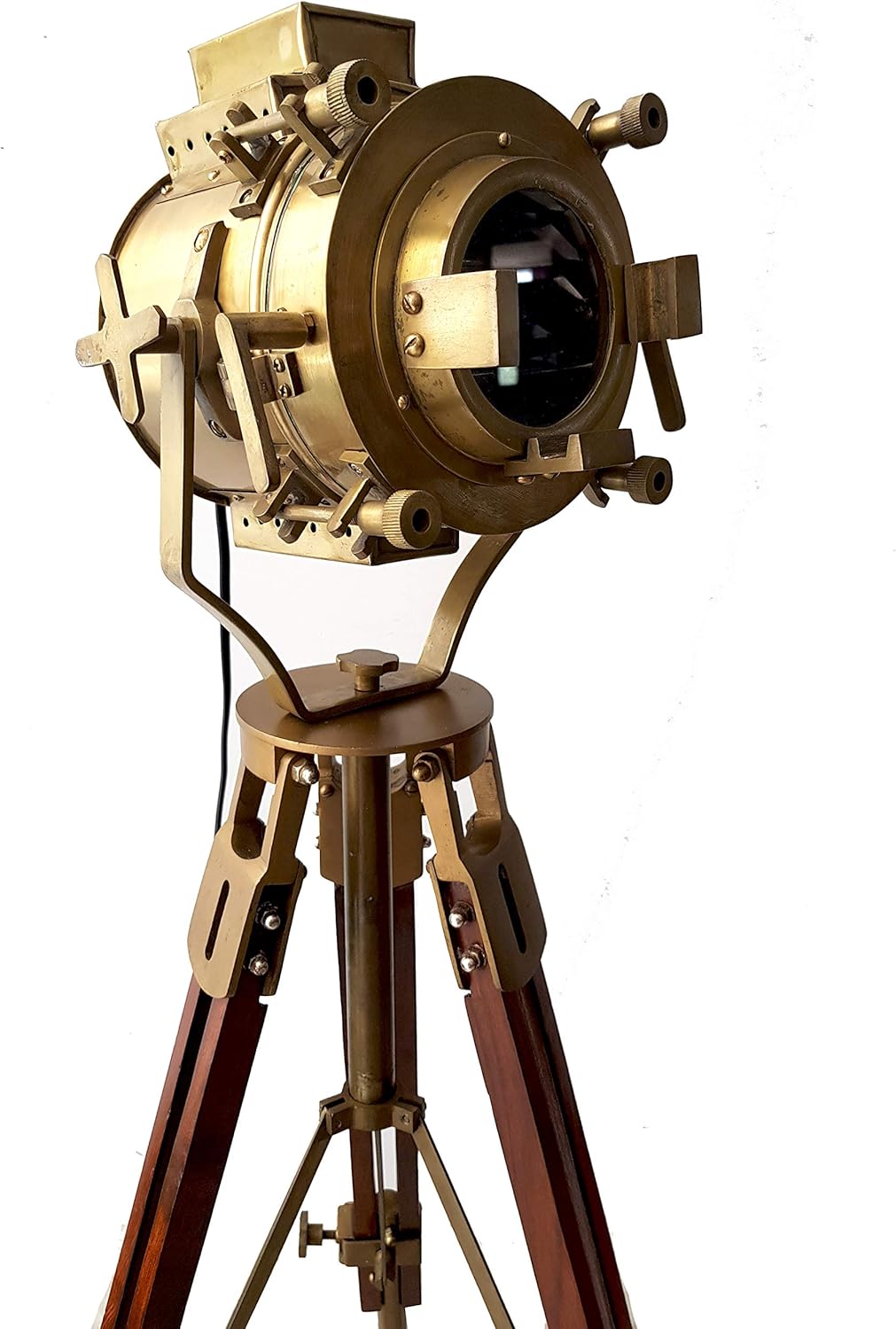 Vintage Antique Hollywood Theater Marine Searchlight Nautical Wooden Brown Tripod Handmade Brass Floor Lamp Retro Spotlight