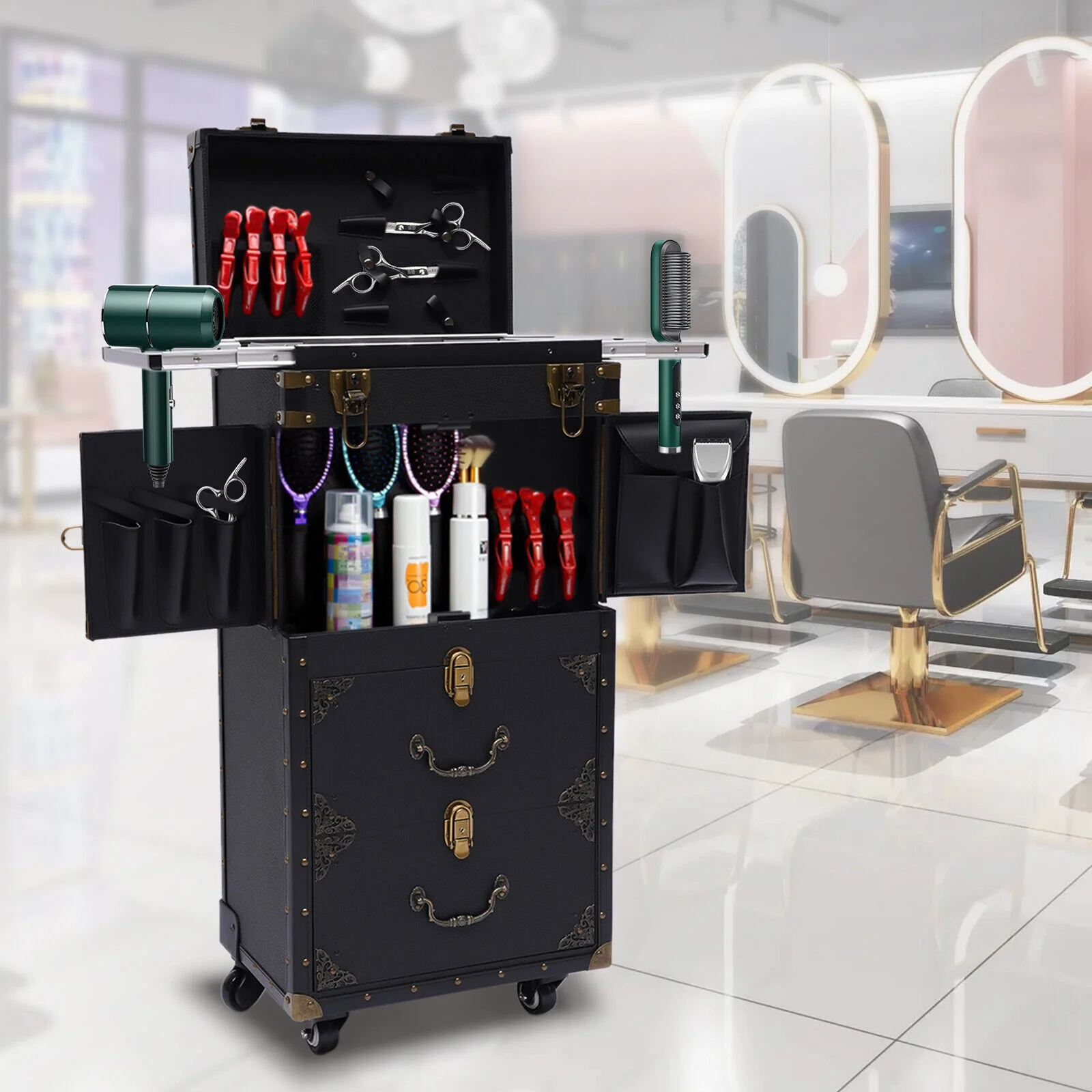 Miumaeov Portable Rolling Makeup Train Case Hairdressing Clipper Trimmer Display Suitcase Travel Organizer Beauty Salon Cosmetic Luggage Box