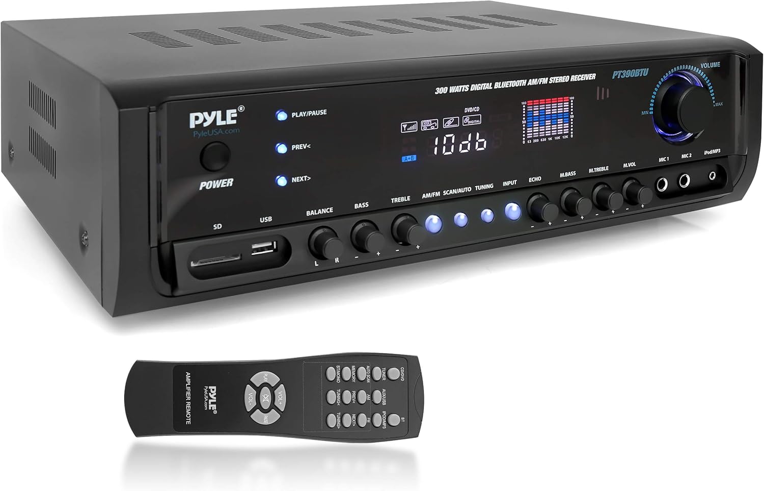 Pyle Wireless Bluetooth Power Amplifier System 300W 4 Channel Home Theater Audio Stereo Sound Receiver Box Entertainment w/ USB, RCA, 3.5mm AUX, LED