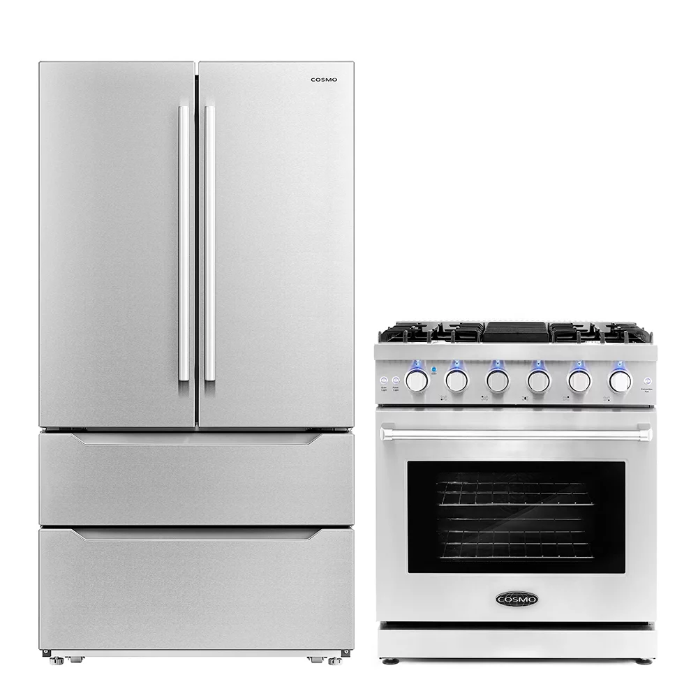 Cosmo 2 Piece Kitchen Appliance Packages with 30" Free Standing Gas Range Kitchen Stove & French Door Refrigerator Kitchen Appliance Bundles