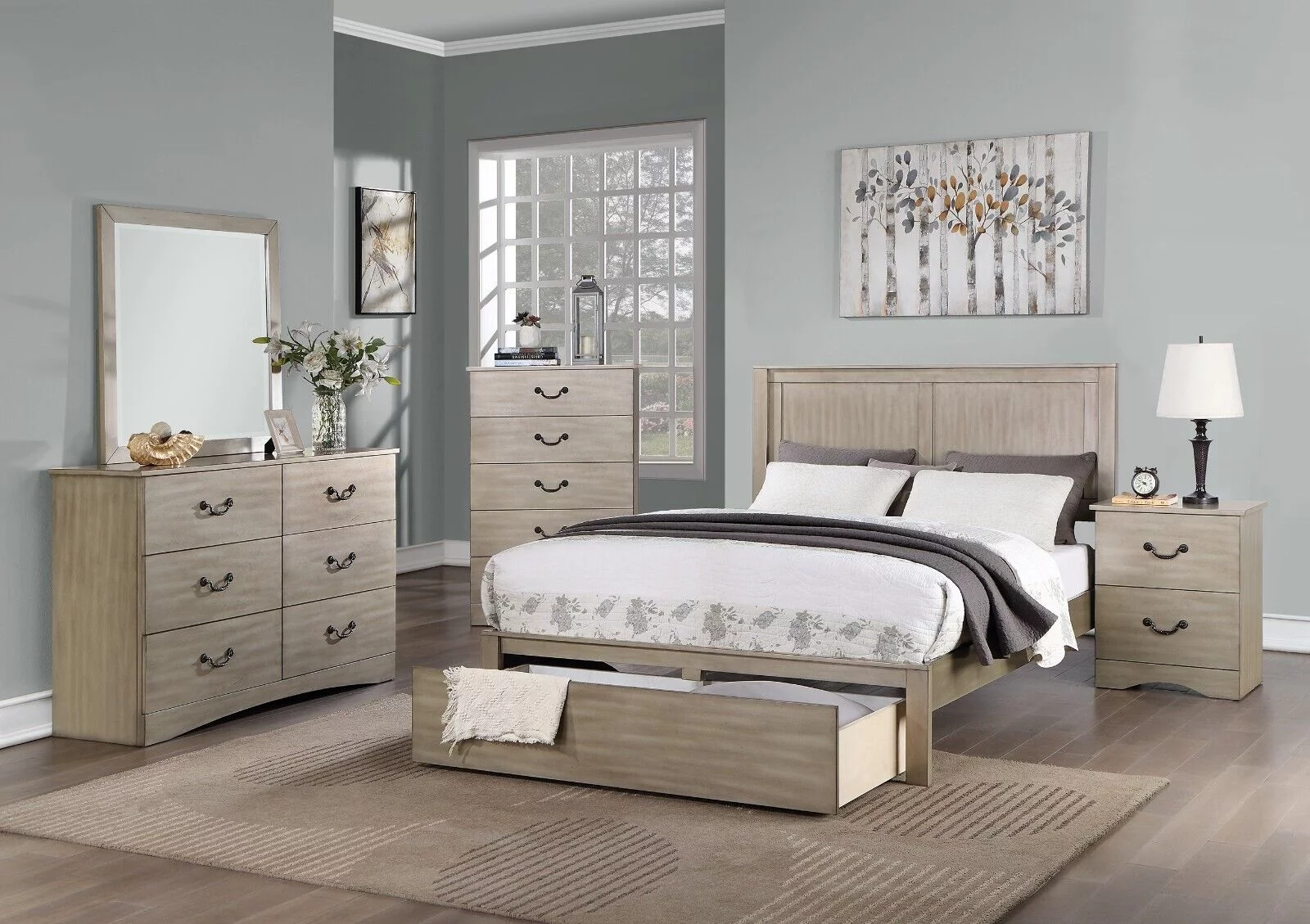 6pc Bedroom Set Classic Chic Cal King Size Bed w underbed Drawer Dresser Mirror Nightstands Chest Light Tan Finish Hue Furniture