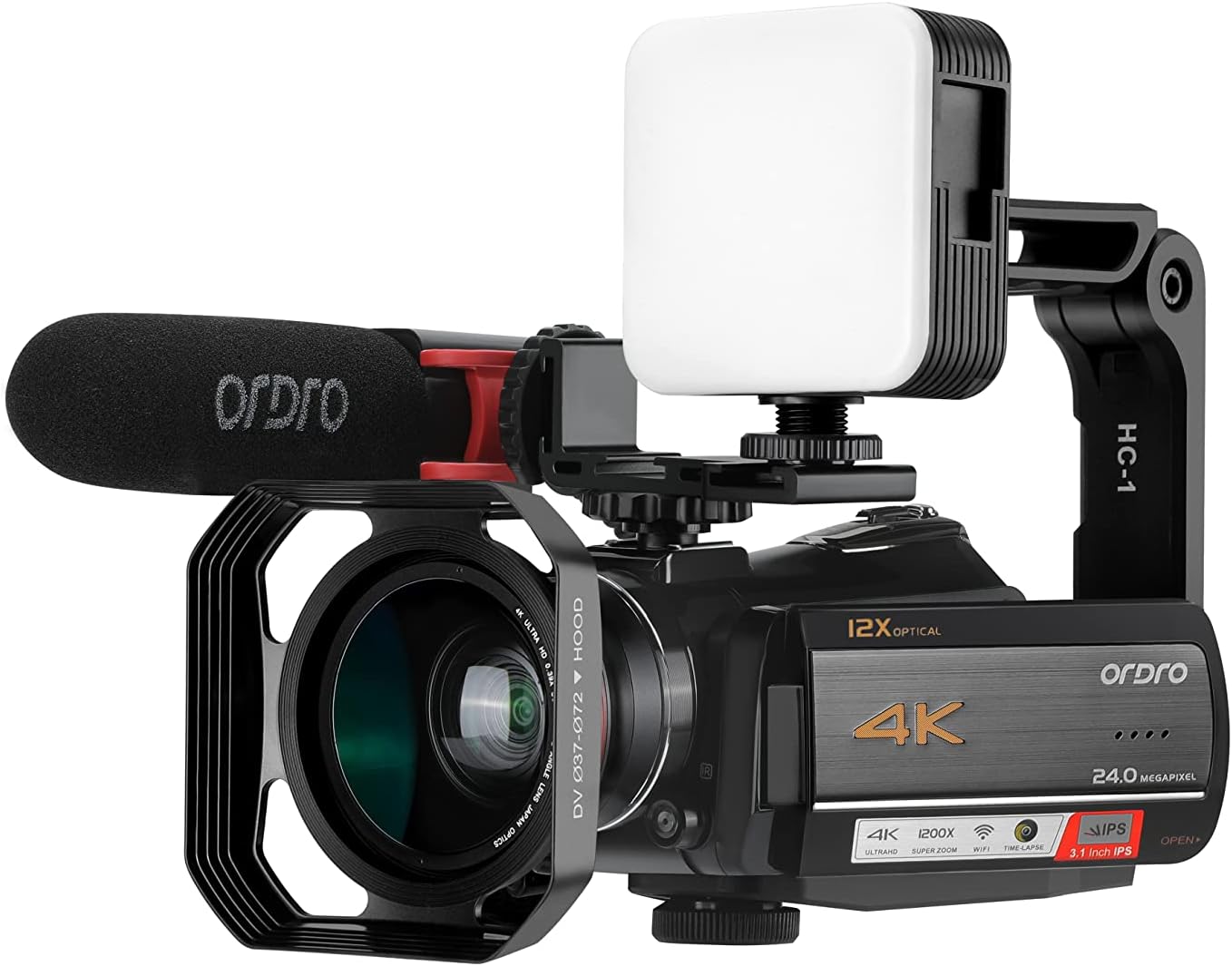 4K Camcorder Video Camera, ORDRO AC5 UHD Digital Camcorder with 12x Optical Zoom 1080P 60FPS WiFi Vlog Camera Camcorder with Microphone, Video Light