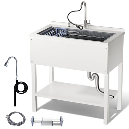Stainless Steel Utility Sink 36“, Freestanding Laundry Sink with Upgraded Pull Out Faucet, Hose, Drain Kit & Solid Shelf. Utility Sink for Kitchen
