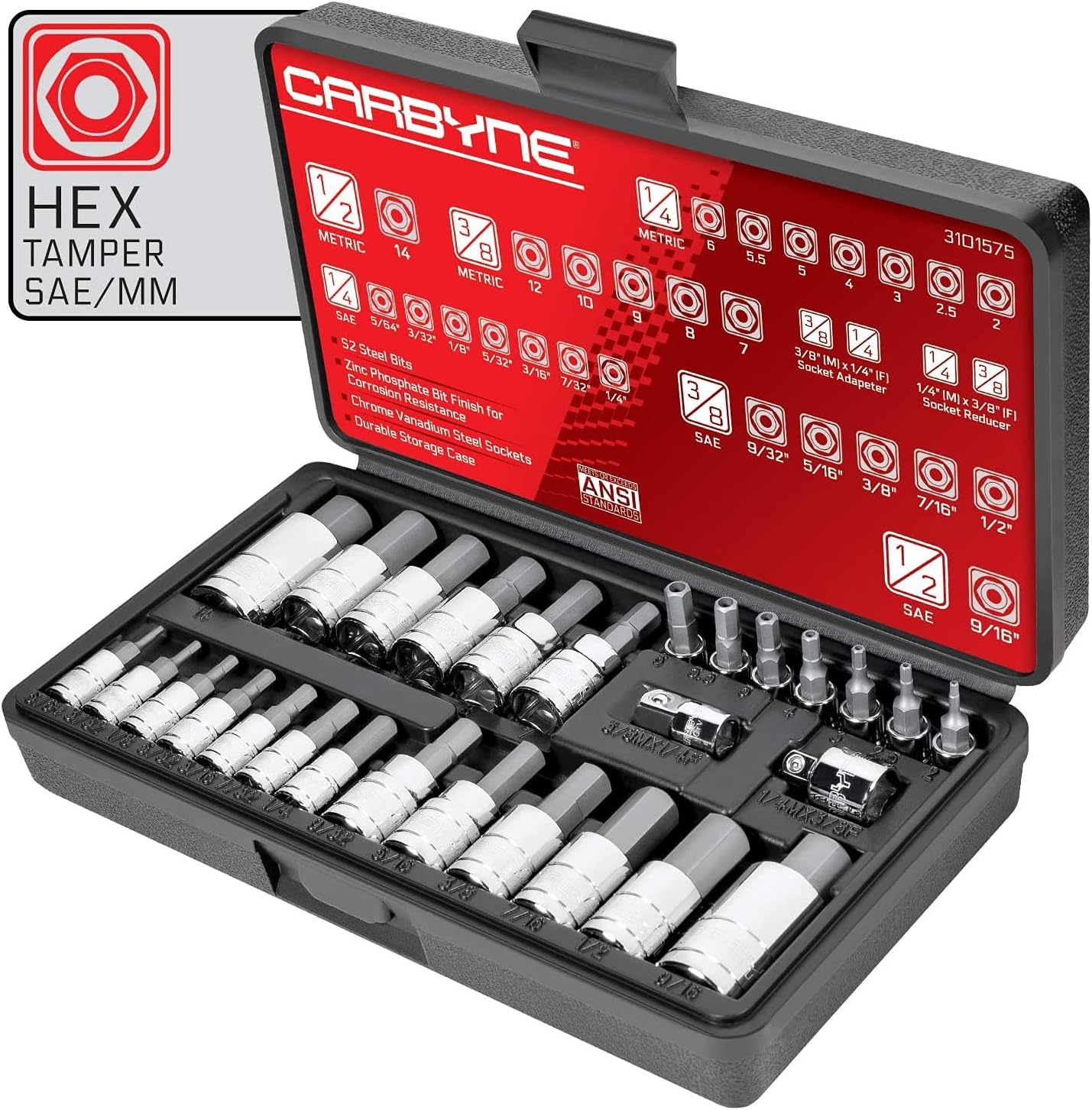 CARBYNE Tamper-Proof Hex Bit Socket Set - 28 Piece, SAE & Metric, S2 Steel | 1/4", 3/8" & 1/2" Drive