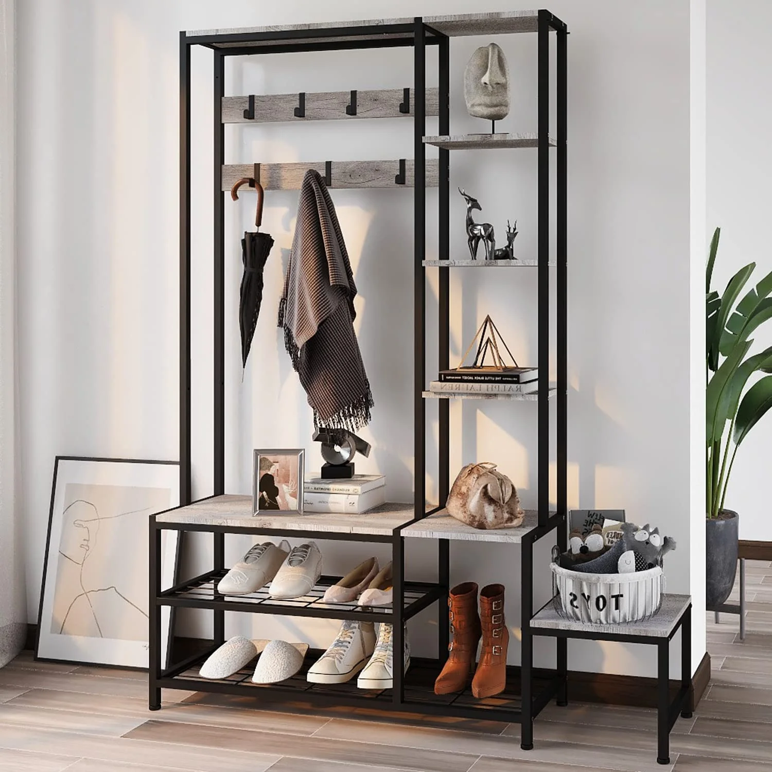 YGDU Hall Tree with Shoe Storage Bench, Coat Rack with 7 Hooks,Interchangeable 4 Tier Side Storage Shelves, Small Cute Side Bench