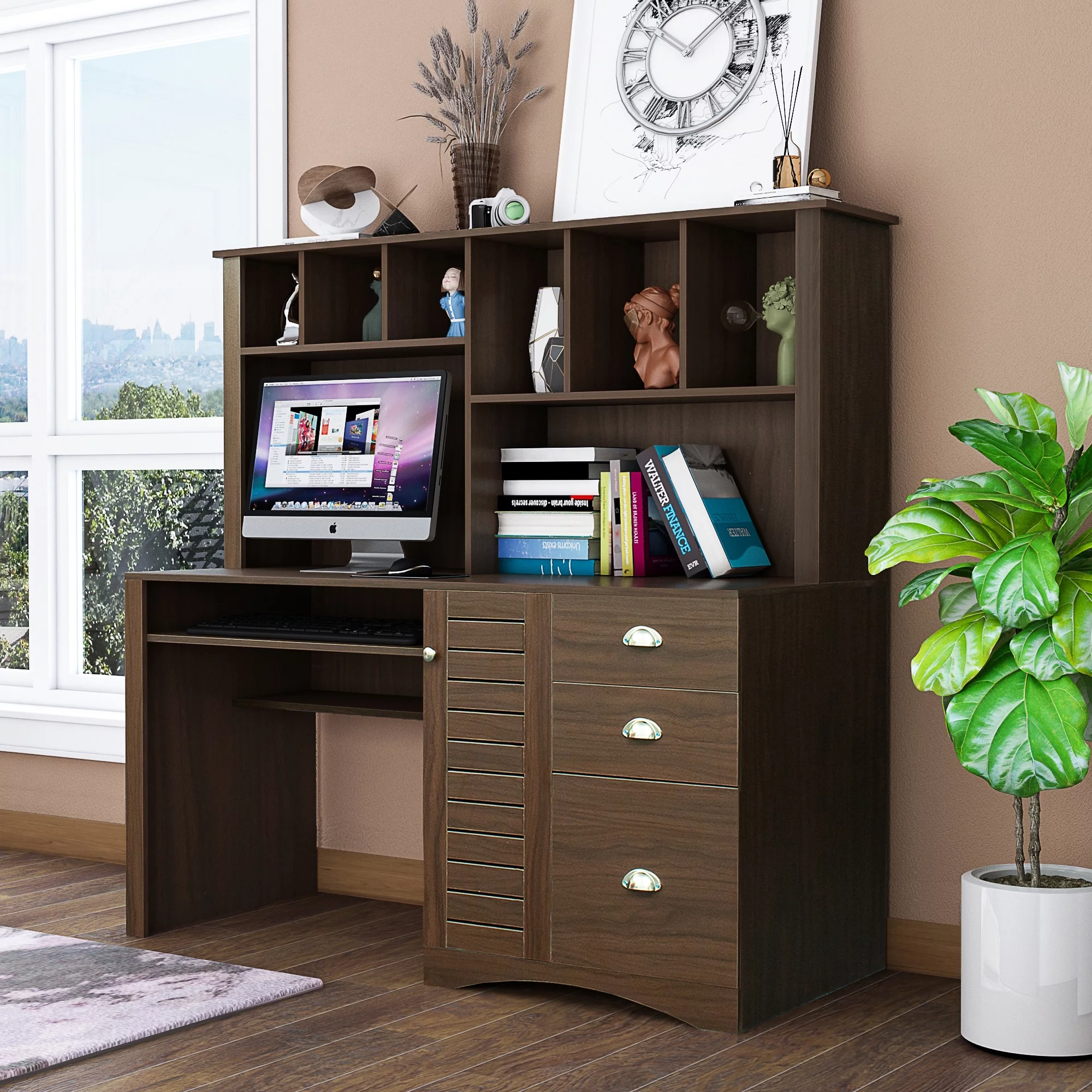 Holaki Home Office Computer Desk with Hutch,Walnut