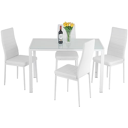 FDW | 5-Piece Dining Table Set | Glass Kitchen Table with 4 Upholstered Chairs | Space-Saving Design | Faux Leather Cushions | Modern Rectangular