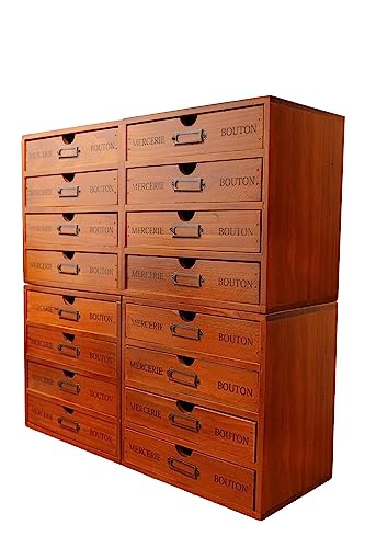 16-Drawer Wooden Storage Box (19.6”x6.89”x19.6”) VIntage Filing Cabinet in Walnut Wood - 16-Slot Wooden Desk Drawer Unit w/Label Holders & Handles