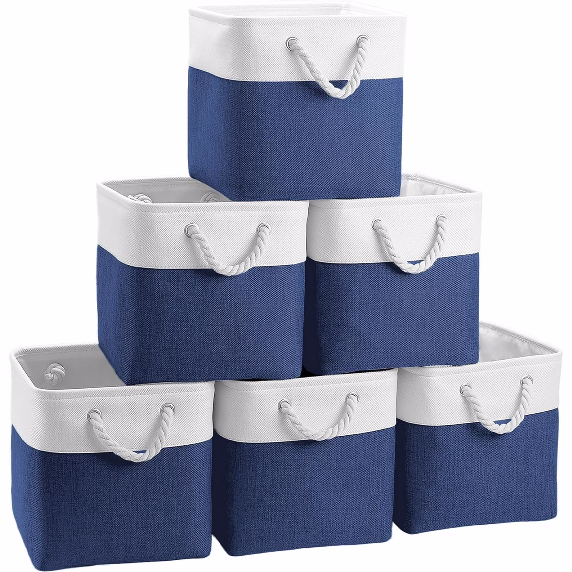 Cube Storage Baskets, 6 Pack 11x11 inch with Cotton Handles for Closet, Shelves, Clothes, Toys, Towel (White/Navy Blue)