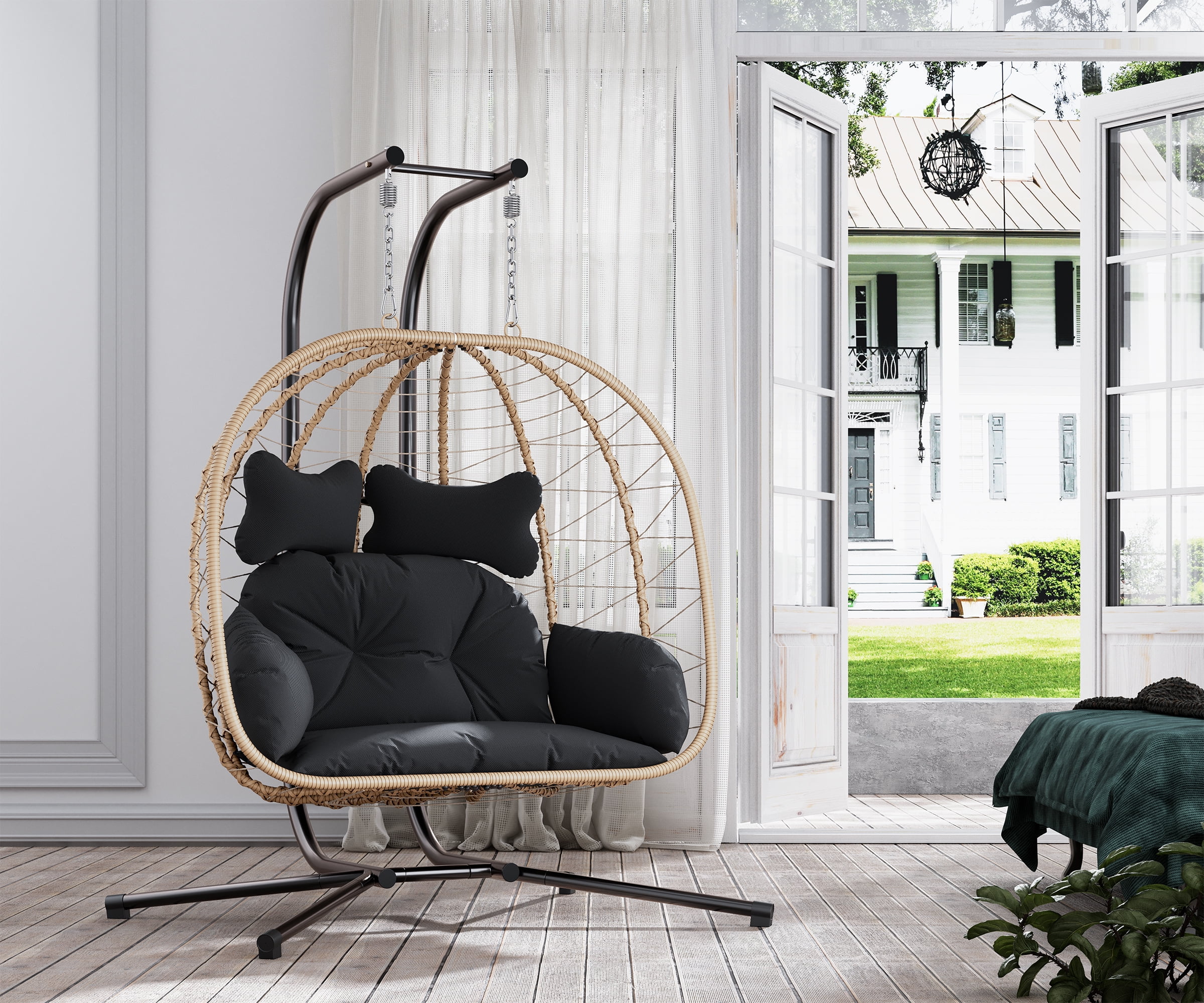 Esmlada Double Wicker Swing Egg Chair Hammock Foldable Hanging Loveseat with Stand, UV Resistant Removable Cushions, 700LBS Capacity for Bedroom