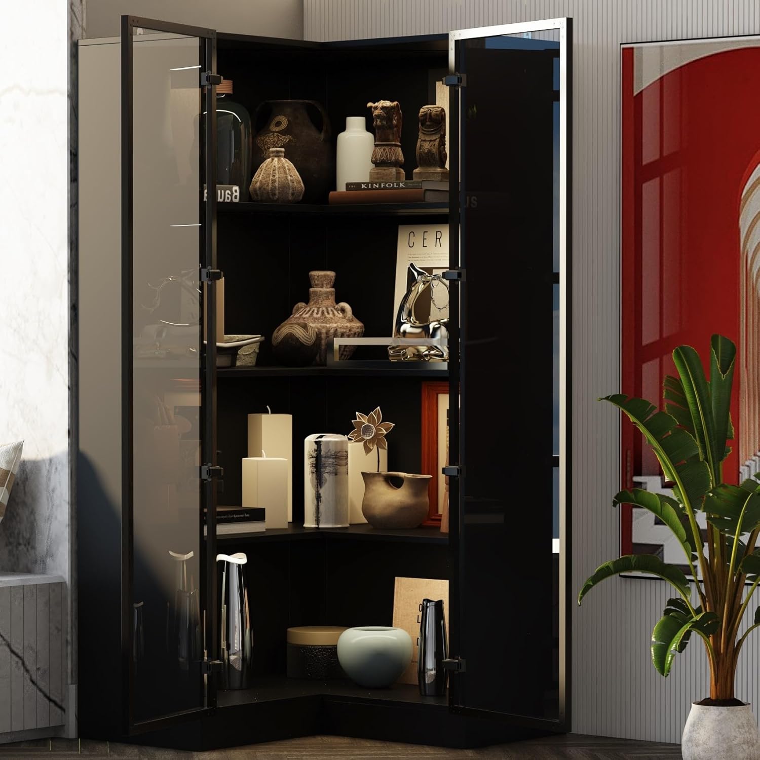 AIEGLE Corner Storage Cabinet with Glass Door and Light, L Shaped Display Cabinet with 2 Doors and 4 Shelves