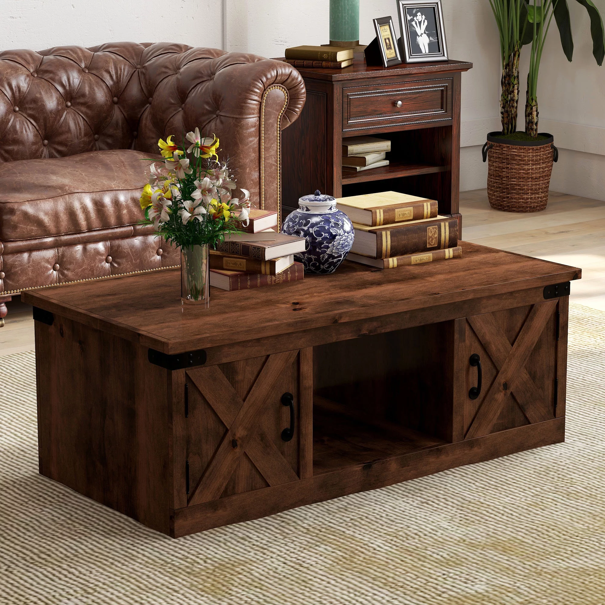 Bridgevine Home Farmhouse 48 inch Coffee Table, No Assembly Required, Aged Whiskey Finish