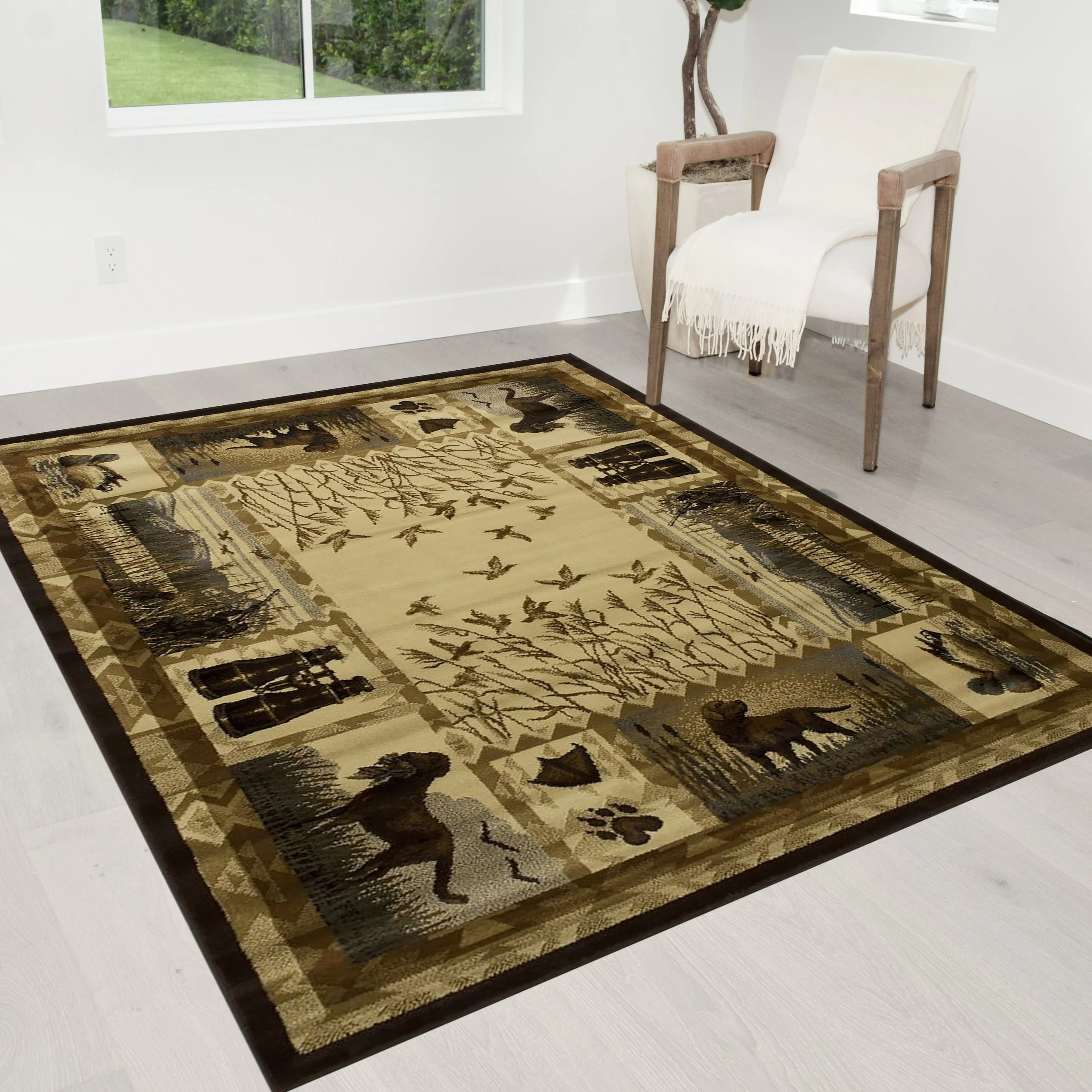 Lodge, Cabin Hunting Accent Area Rug - Modern Geometric Design Cabin Area Rug - Abstract, Multicolor Design- Hunting Dogs/Duck/Magnifier
