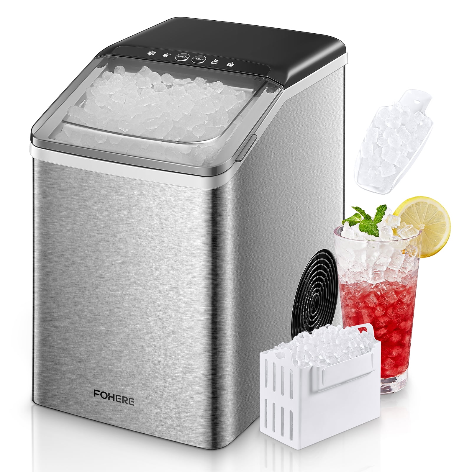 FOHERE Nugget Ice Maker Countertop, 38 Lbs In 24Hrs, Chewable Pellet Ice Cubes, Self-Cleaning Ice Machine, Stainless Steel Housing