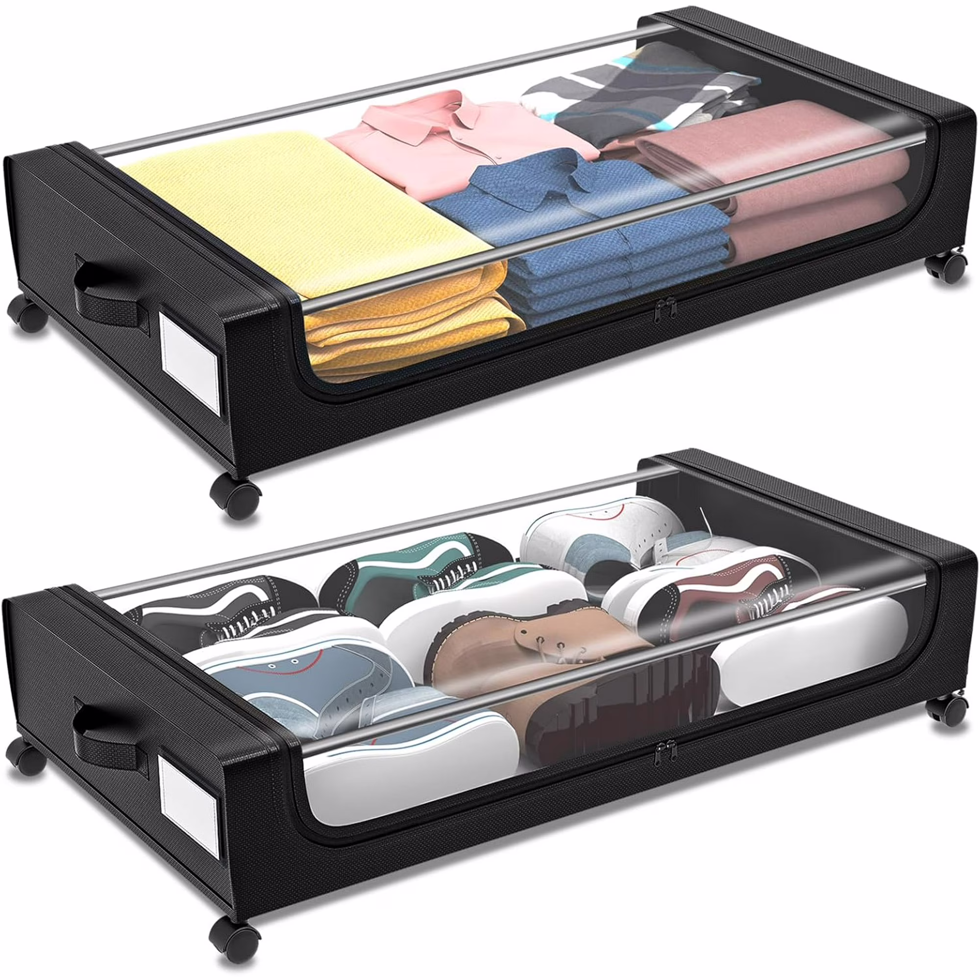 Under Bed Storage with Wheels 2 Pack, Under Bed Storage Containers, Large Under Bed Rolling Storage with Lid, Bedroom Storage Organizer for Clothes