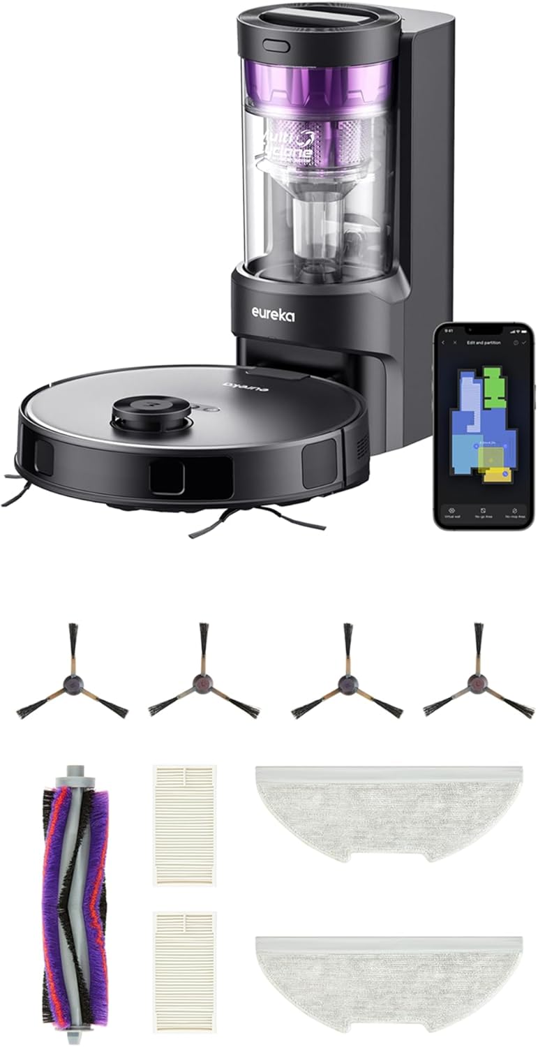 Eureka E10s Robot Vacuum with Bagless Self Emptying Station and Authentic Replacement Parts Accessories Bundle - Robotic Vacuum and Mop Combo