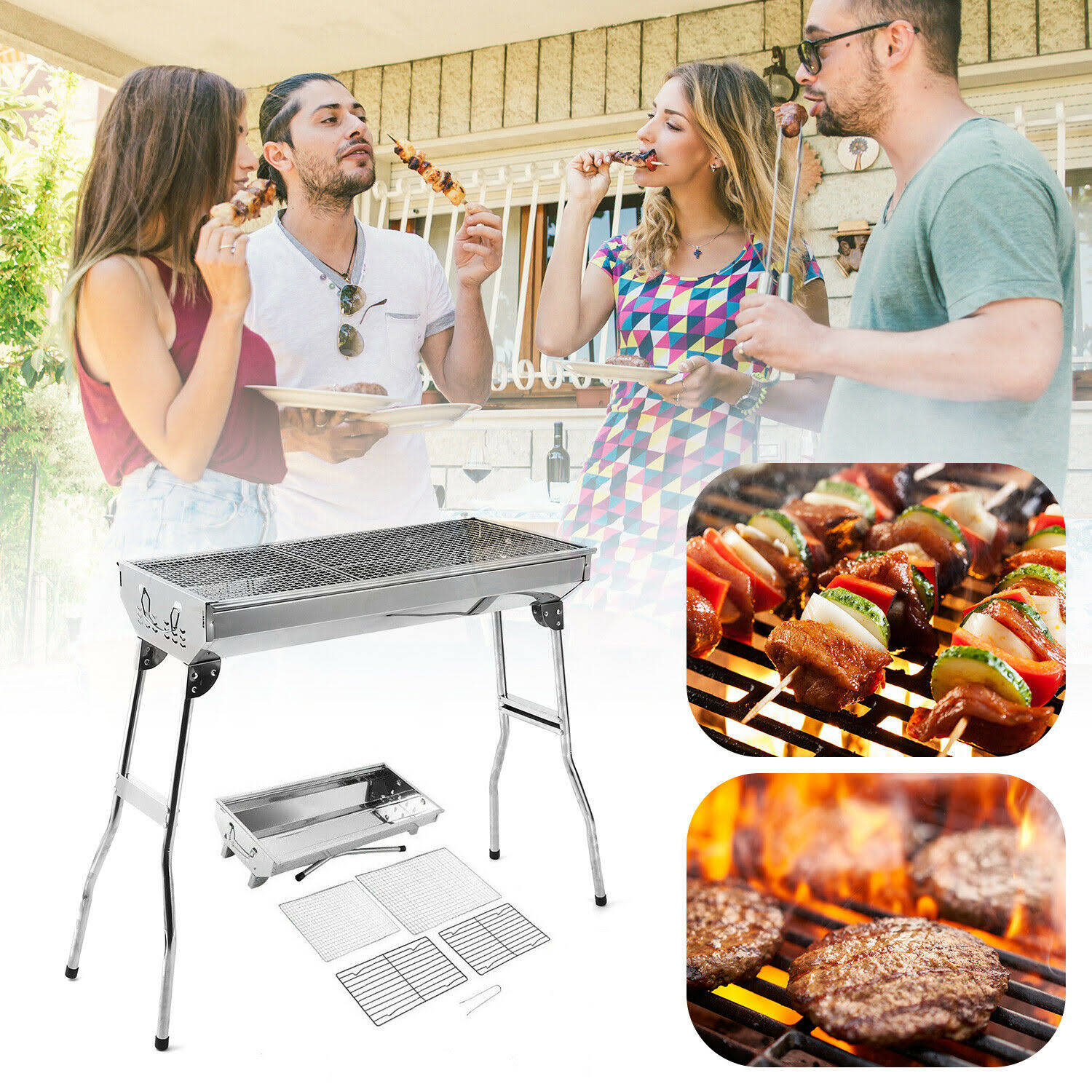 Foldable Compact Barbecue BBQ Grill Charcoal Stove Shish Kabob Camping Cooker US
