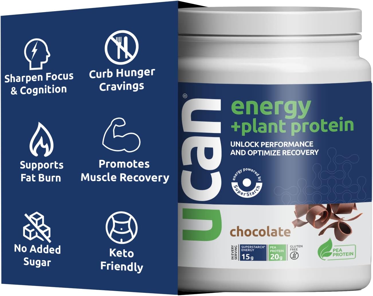 UCAN Energy + Plant Protein Powder - Vegan Plant Based Protein 20g Pea Protein with Energy Boost - Keto Protein Powder - Chocolate Flavor