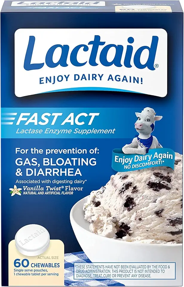 Lactaid Fast Act Lactose Intolerance Relief Chewables with Lactase Enzyme to Prevent Gas, Bloating & Diarrhea Due to LactoseSensitivity