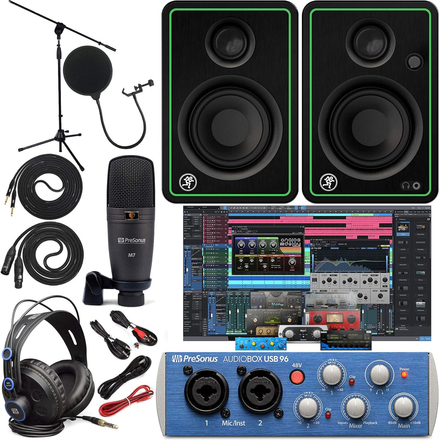 PreSonus AudioBox 96 Audio Interface Full Studio Bundle with Studio One Artist Software Pack with Mackie New! CR3-X BT Creative Multimedia Bluetooth