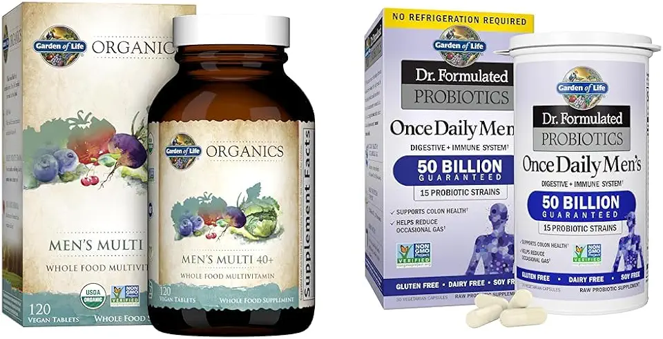 Garden of Life Organics Men's Multi 40+ 120 Tablets & Probiotics for Men 50 Billion CFU 30 Capsules - Kansas Nuitrition - HNZSDS