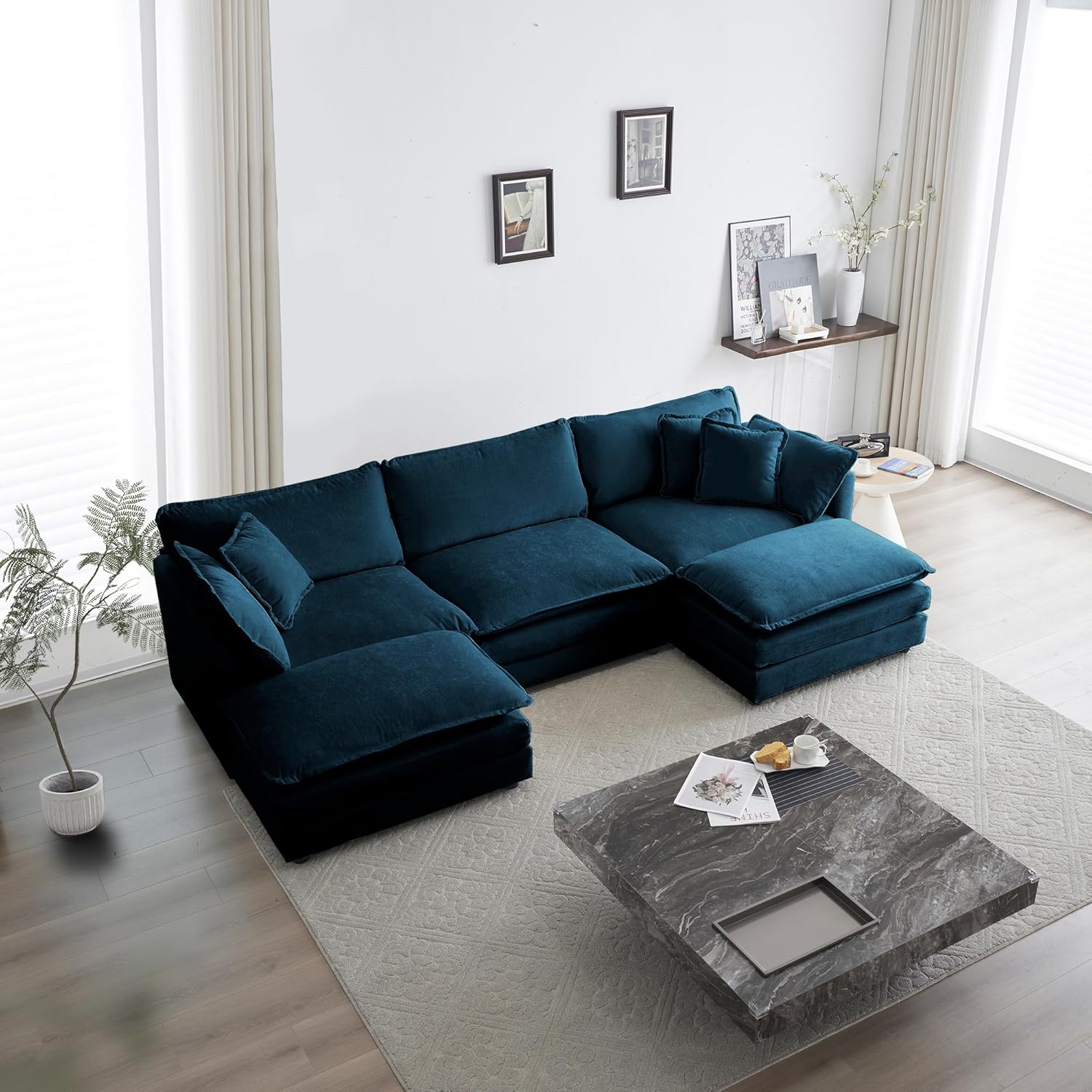 U Shaped Convertible Modular Sectional Sofa with Movable Ottomans, 5-Seater Deep Seat Cloud Couch