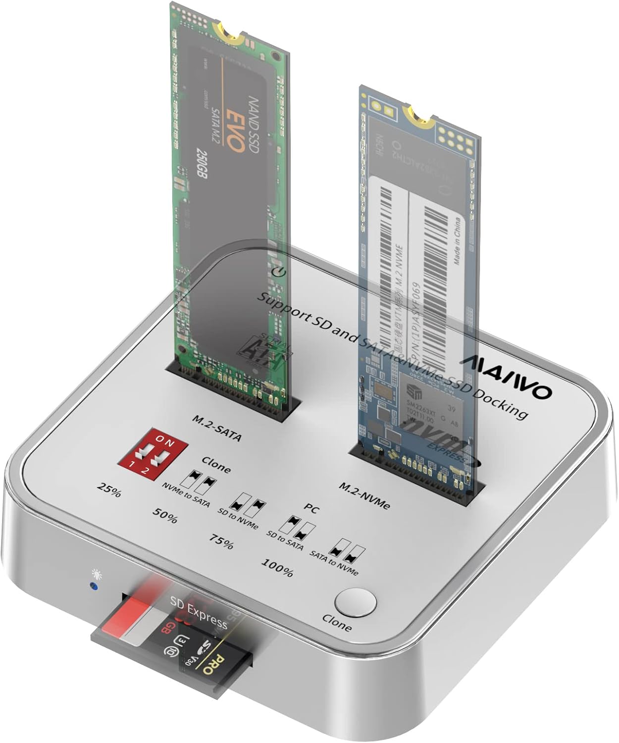 MAIWO 2 Bay External Hard Drive Docking Station/Duplicator,M.2 NVME/SATA/SD Express 7.0 Card to USB 3.1/Type-C (MAX10Gbps)
