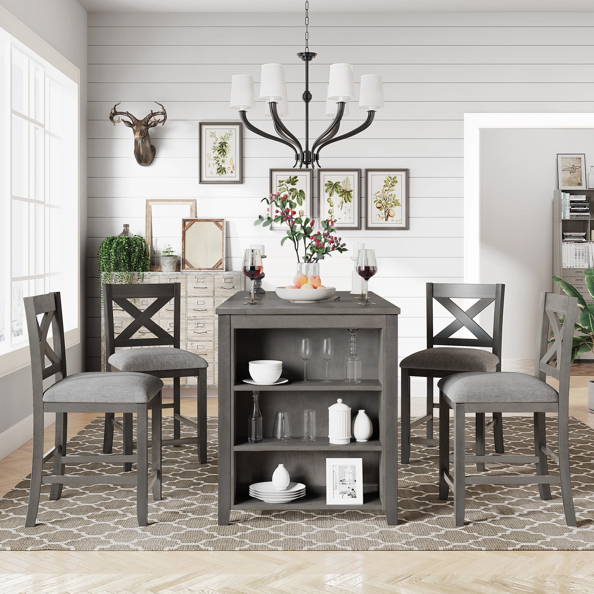 Churanty 5 Pieces Counter Height Farmhouse Dining Table for 4,Wooden Bar Table Set with 4 Chairs, Gray - Curated Treasures Market