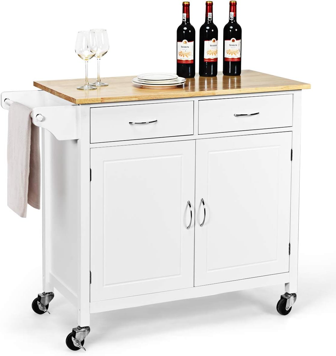 WATERJOY Rolling Kitchen Buffet Cart, Wood Utility Kitchen Storage Island Cart with Wood Top, Antique White(43 x 19.5 x 35.5)