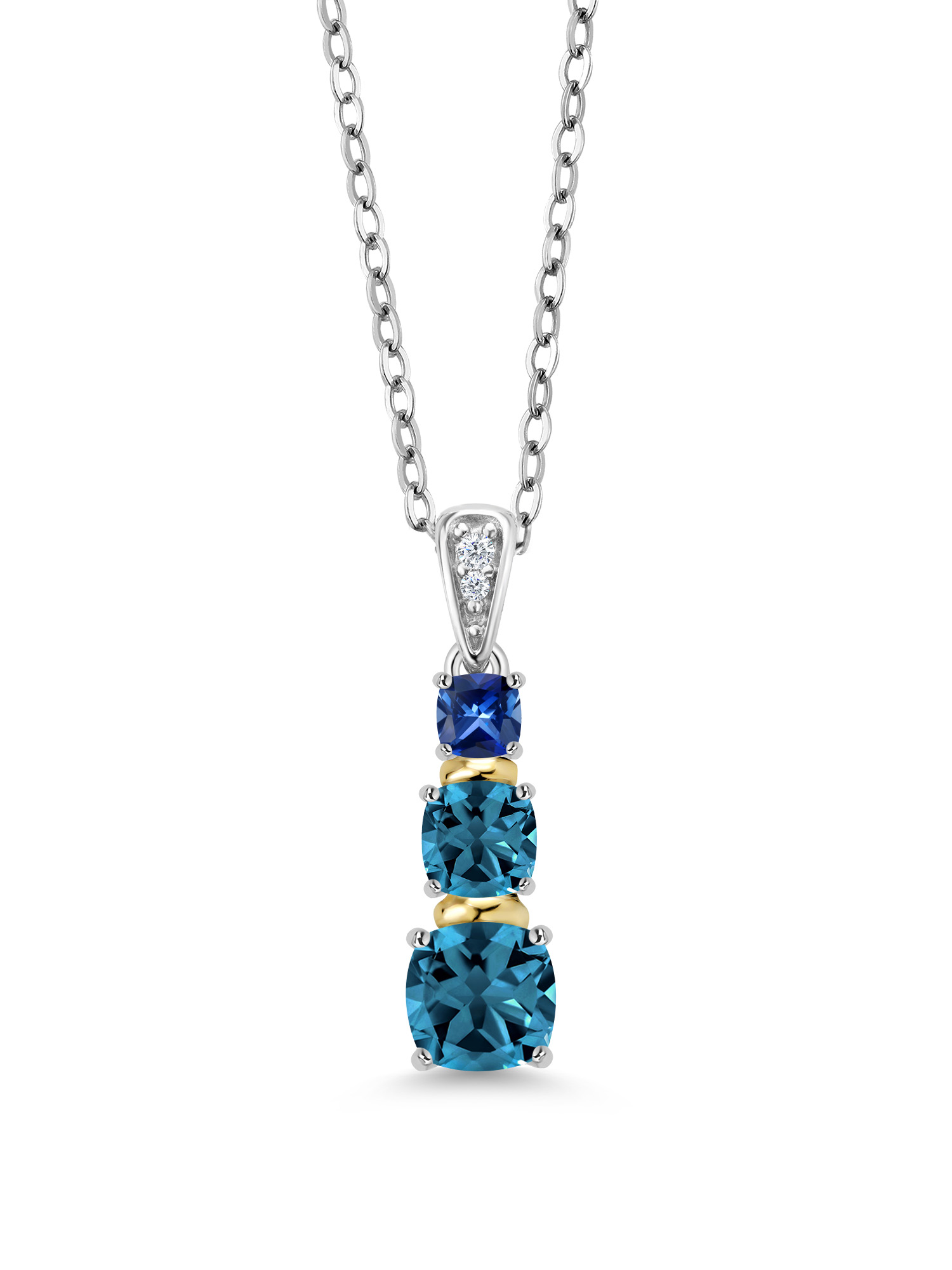 Gem Stone King 925 Silver and 10K Yellow Gold London Blue Topaz Blue Created Sapphire and Diamond Pendant Necklace For Women (2.48 Cttw