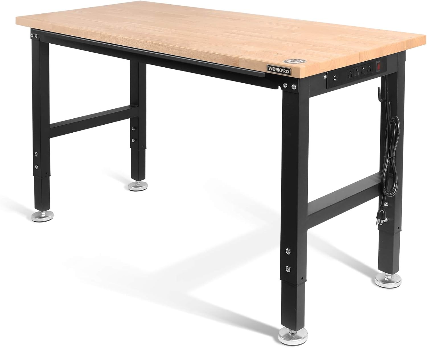 WORKPRO 48" Adjustable Workbench, Rubber Wood Top Heavy-Duty Workstation, 2000 LBS Load Capacity Hardwood Worktable with Power Outlets, for Workshop