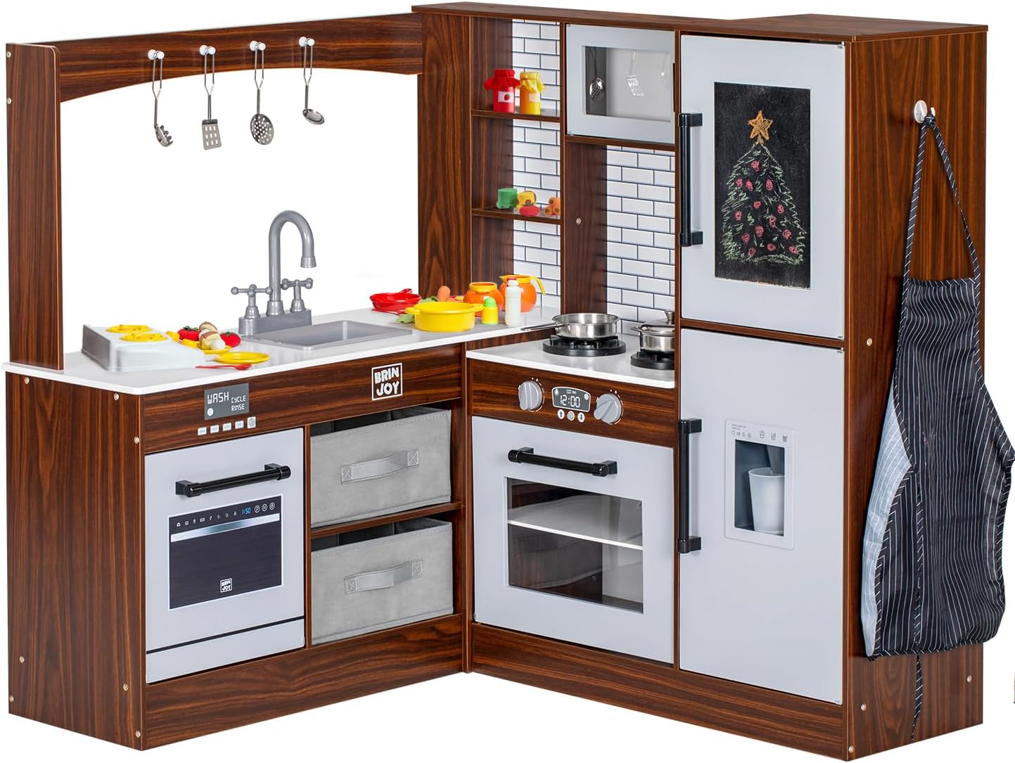 Corner Play Kitchen for Kids, Wooden Toddler Kitchen Playset w/Faucet, Sink, Microwave, Oven, Apron, Blackboard, Storage Cabinets
