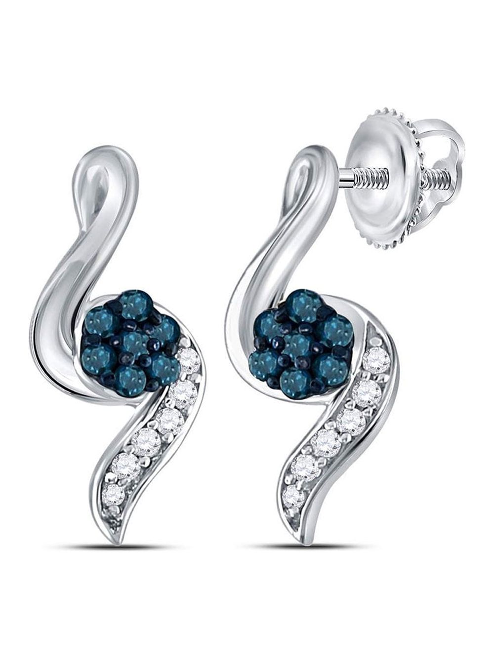 3Gems Jewelers Sterling Silver Womens Round Blue Color Enhanced Diamond Cluster Stud Earrings 1/5 Cttw