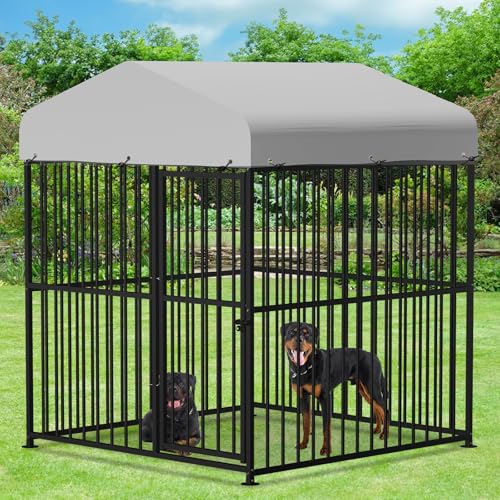 VIVIJASON 4 x 4 x 5 Ft Large Outdoor Dog Kennel, Heavy Duty Metal Frame Dog Cage with Thickened Bars, UV & Waterproof Cover