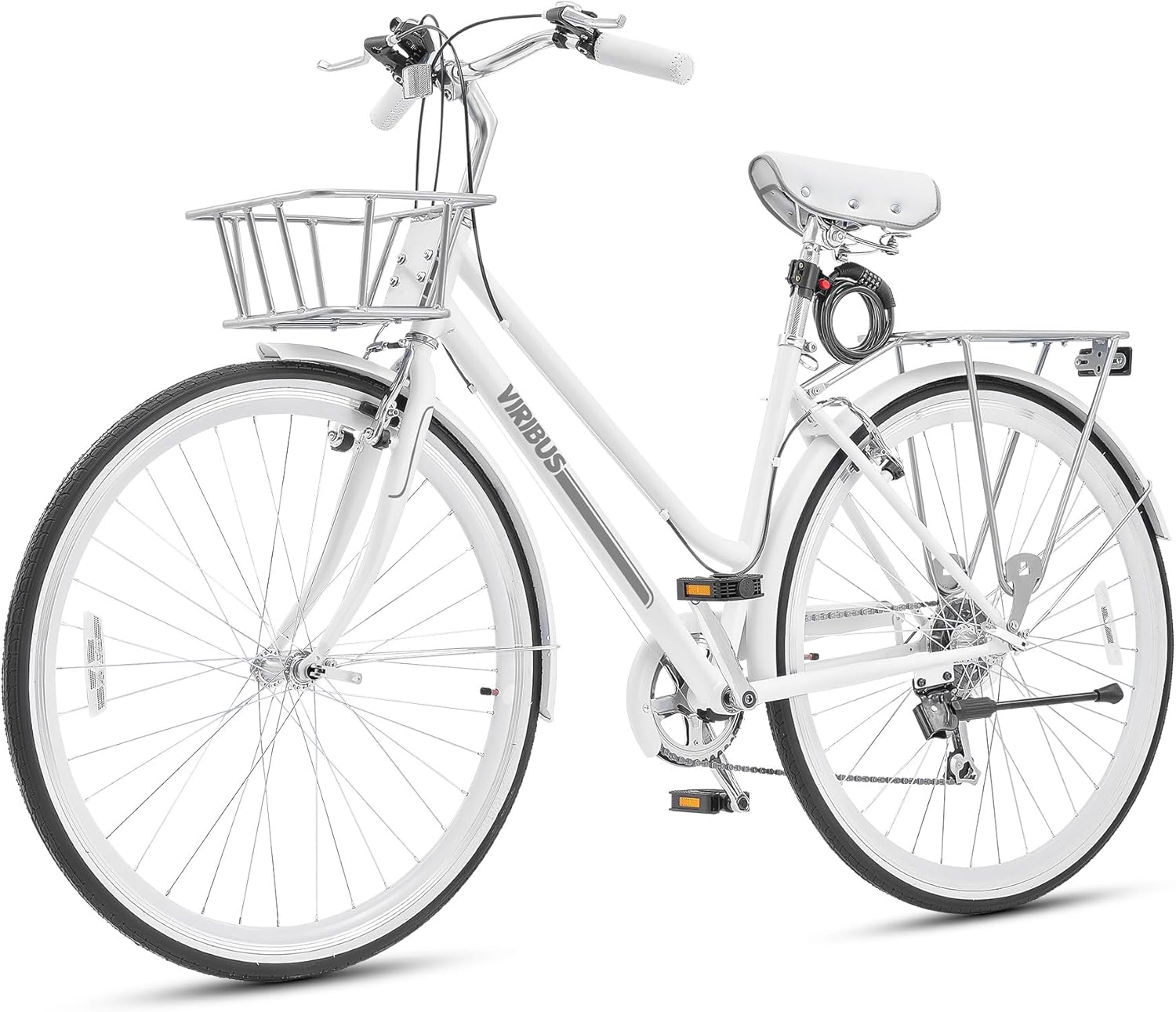 Viribus Hybrid Bike, 700C Road Bike for Women, Lightweight 7 Speed Womens Bike with Basket & Rack, Step Through Hybrid Bicycle