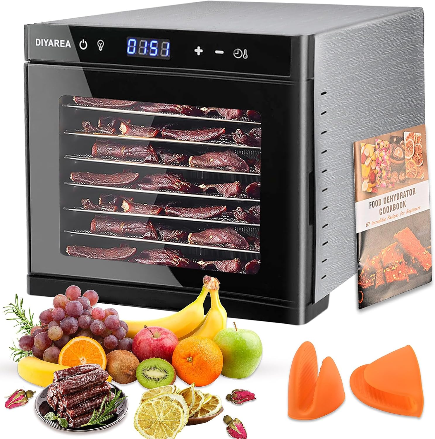 Food Dehydrator for Jerky, 8 Stainless Steel Trays Dehydrator Machine with Food Air-Drying Function, 167℉ Temperature Control & 48H Timer