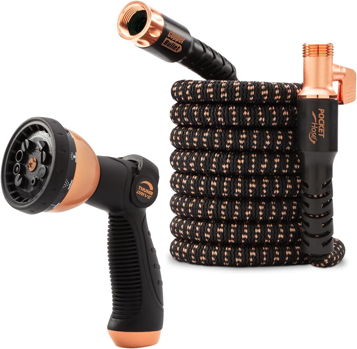 Pocket Hose Copper Bullet Expandable Garden Hose w/10 Pattern Thumb Spray Nozzle AS-SEEN-ON-TV 50 FT 650psi 3/4 in Patented Lead-Free