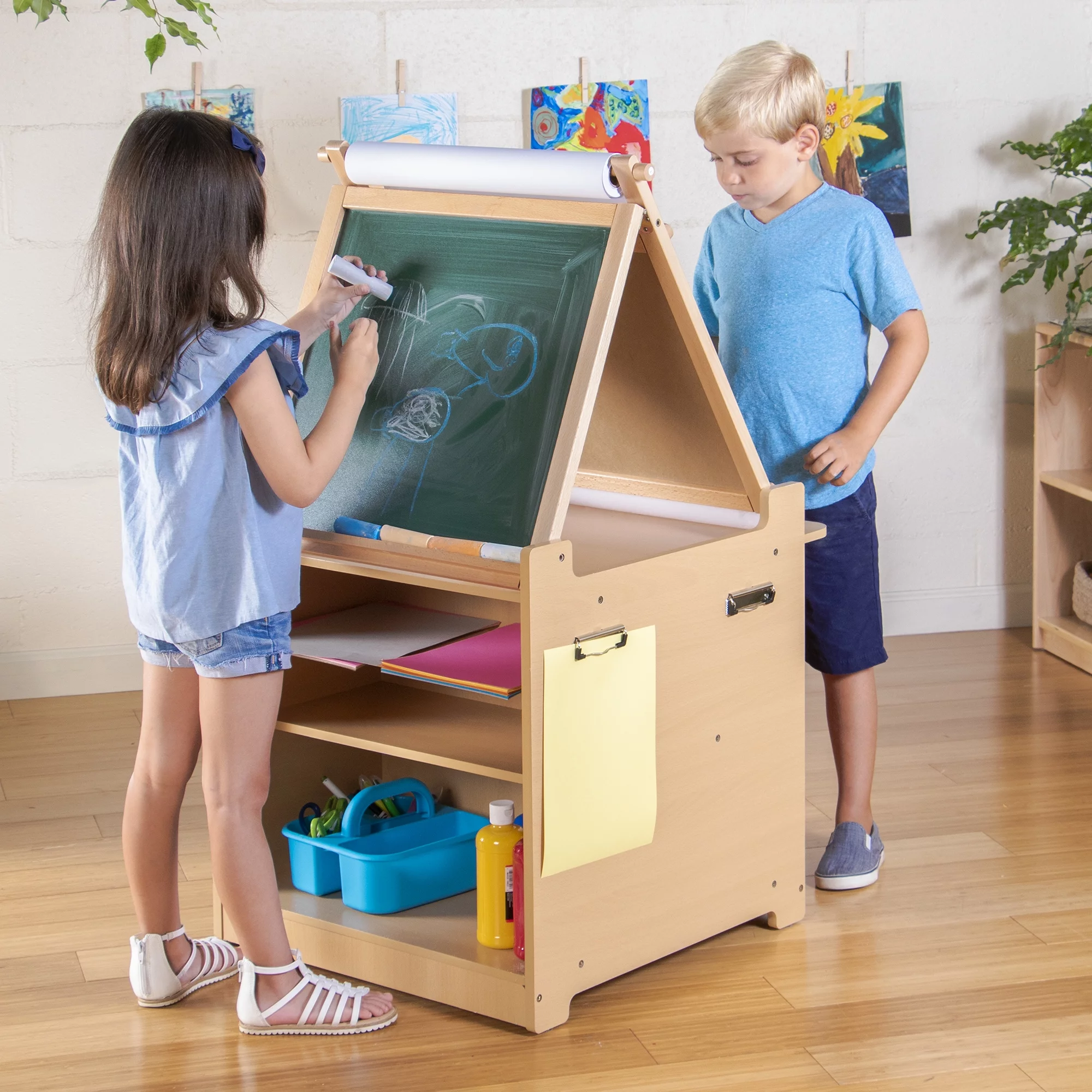 Guidecraft Desk to Easel Art Cart - Kids' Folding Arts and Crafts Activity Center with Chalkboard, Whiteboard, Paper Roller, Paint Cups
