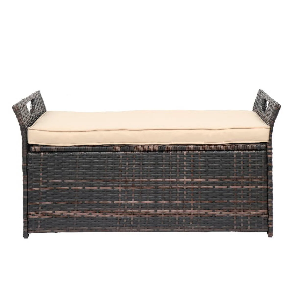 SYTHERS 33 Gallon Outdoor Storage Bench with Seat Cushion, Patio Mix Brown Wicker Deck Box with Waterproof Liner and Side Handles