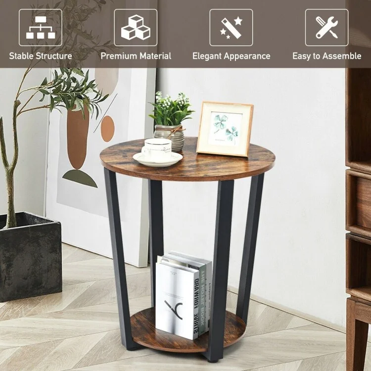 BESTCOSTY 2-Tier Round End Table with Storage Shelf and Metal Frame Brown