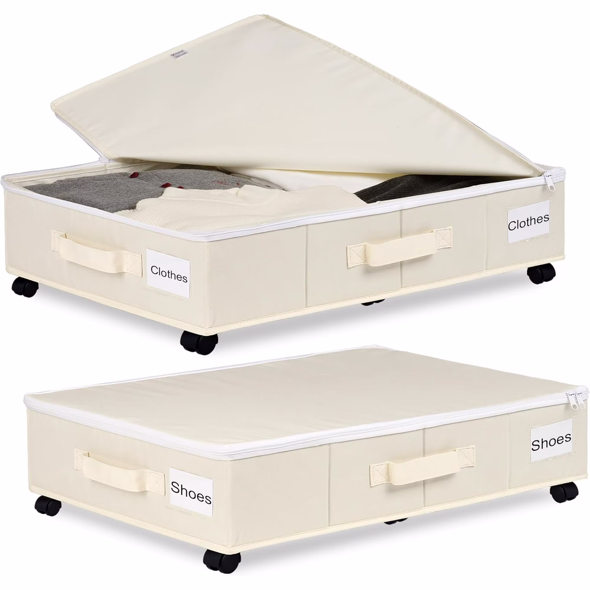 Under Bed Storage with Wheels, 2 Pack Under Bed Storage Containers with Label Holders for Clothes, Shoes and Blankets