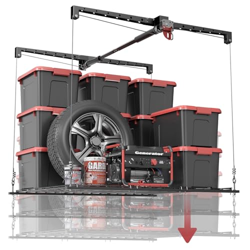 Overhead Garage Storage Rack, Heavy-duty 4x4 Ft Ceiling Storage Racks with Safety Lock