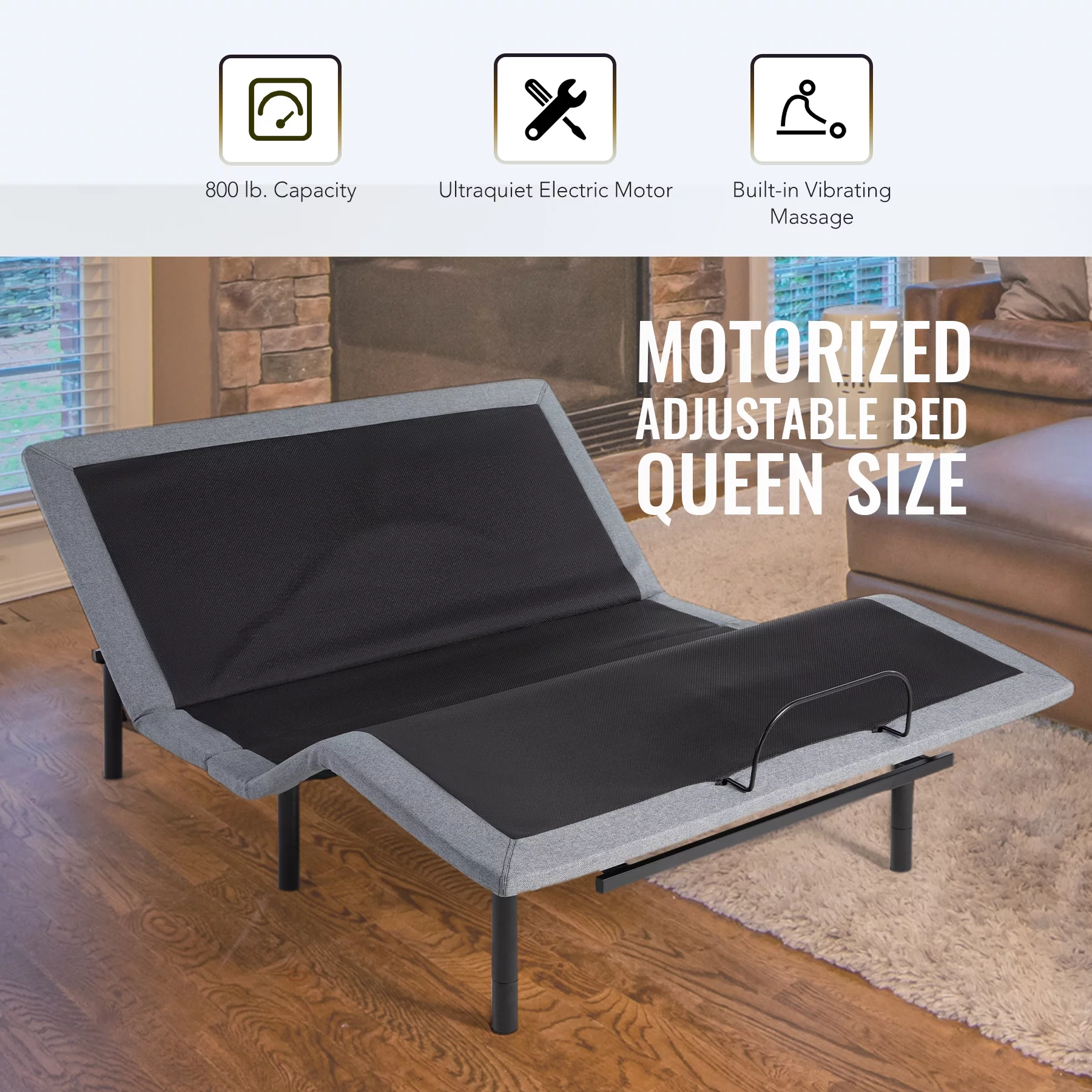 Motorized Bed Frame for Queen Size Mattress w Remote, USB Ports, & Massage