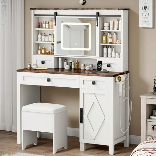 IRONCK Farmhouse Vanity Desk with Sliding Mirror & Lights, Glass Top Makeup Vanity Table with Power Outlet, 3 Color Lighting Modes