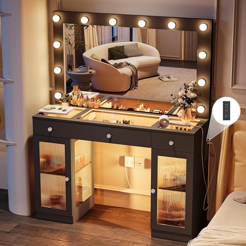 Vanity Desk with Large Mirror and Lights, Glass Top Makeup Vanity with Lights & Power Outlet for Bedroom, 3 Color Lighting Modes